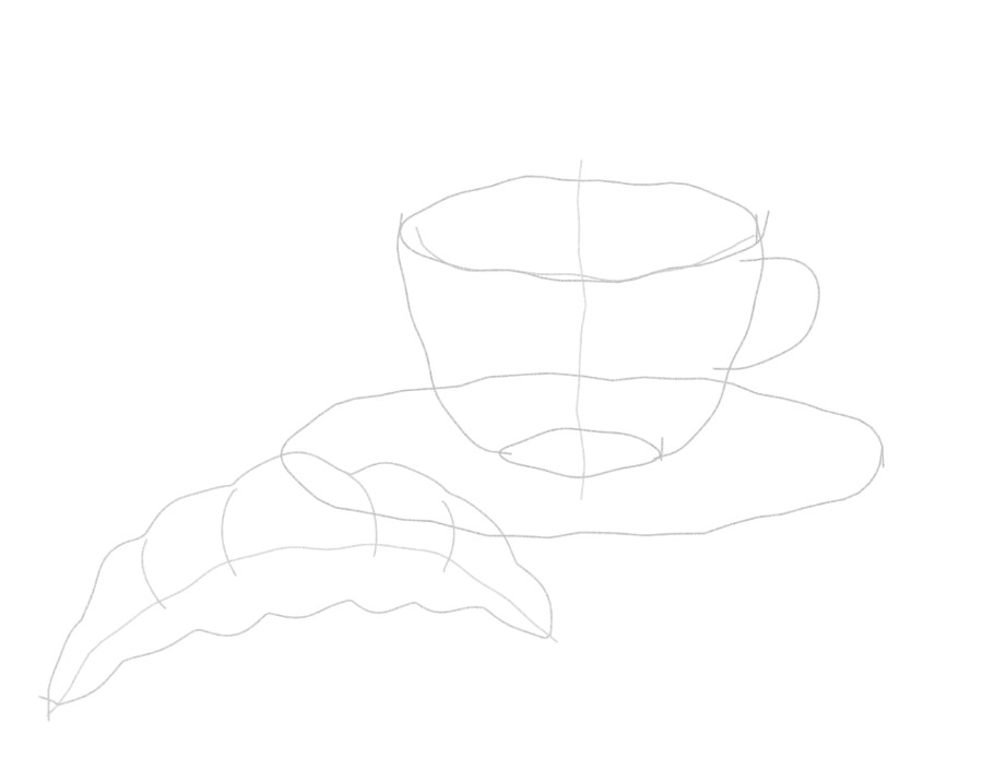 Faint pencil lines: ovals for the cup, saucer and foam, a crescent for the croissant.