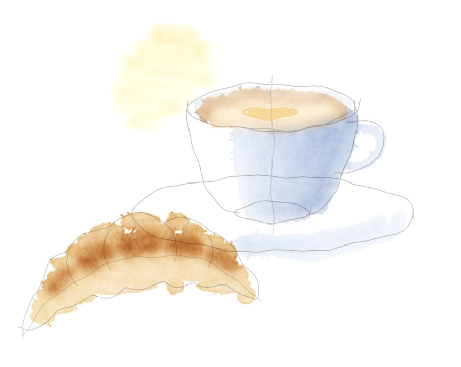 Pale first washes: golden croissant, light brown foam, a pale blue-gray on the right of the cup, a warm patch behind.