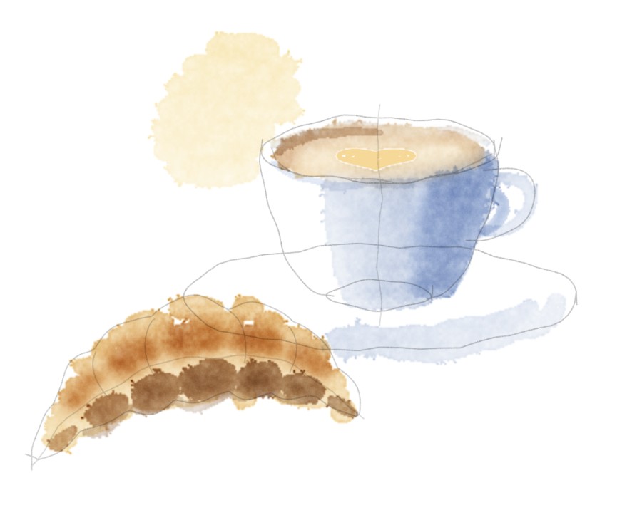 Darker strokes on the lower right of each croissant bump, and a blue shadow down the right of the cup.
