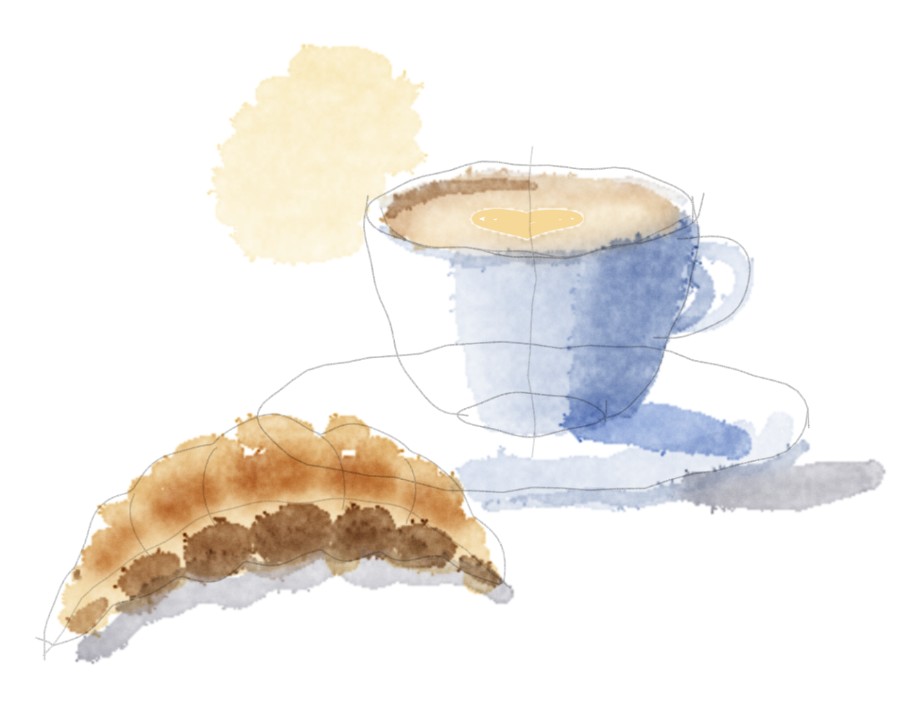 Soft blue shadows on the saucer and the table, under the cup and the croissant.
