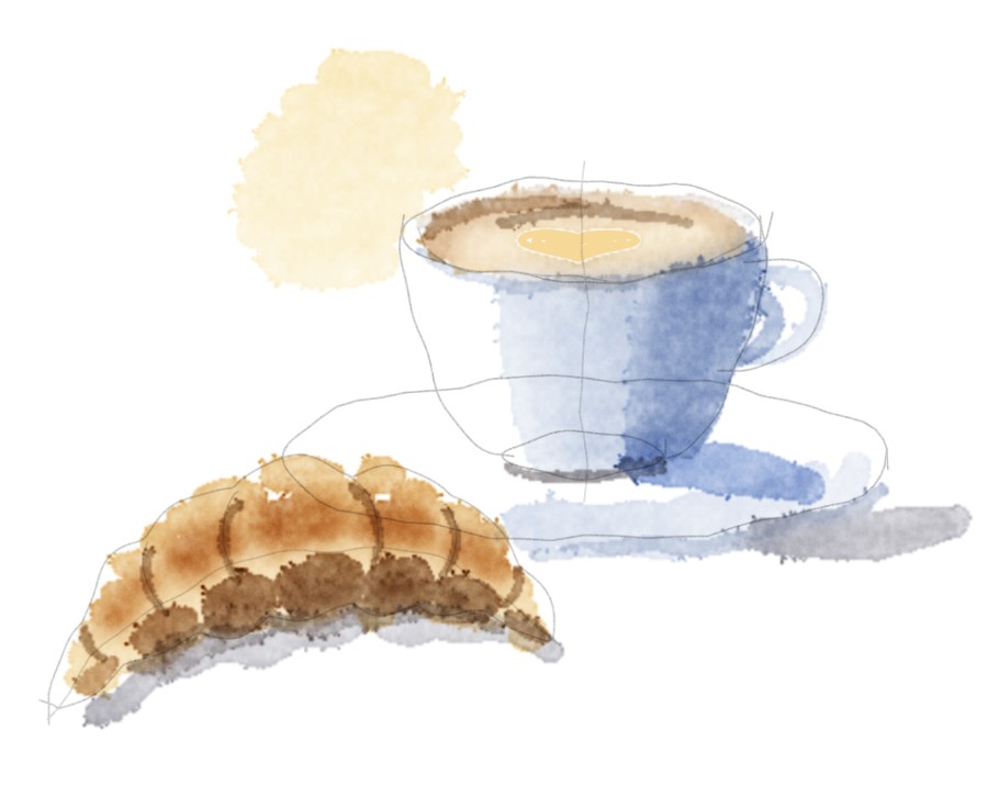 Small dark touches in the croissant's folds and under the cup's foot.