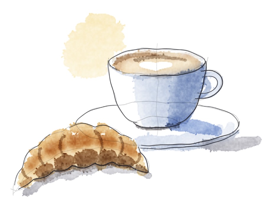 Black ink outlines around the cup, saucer and croissant, with small gaps where the light hits.