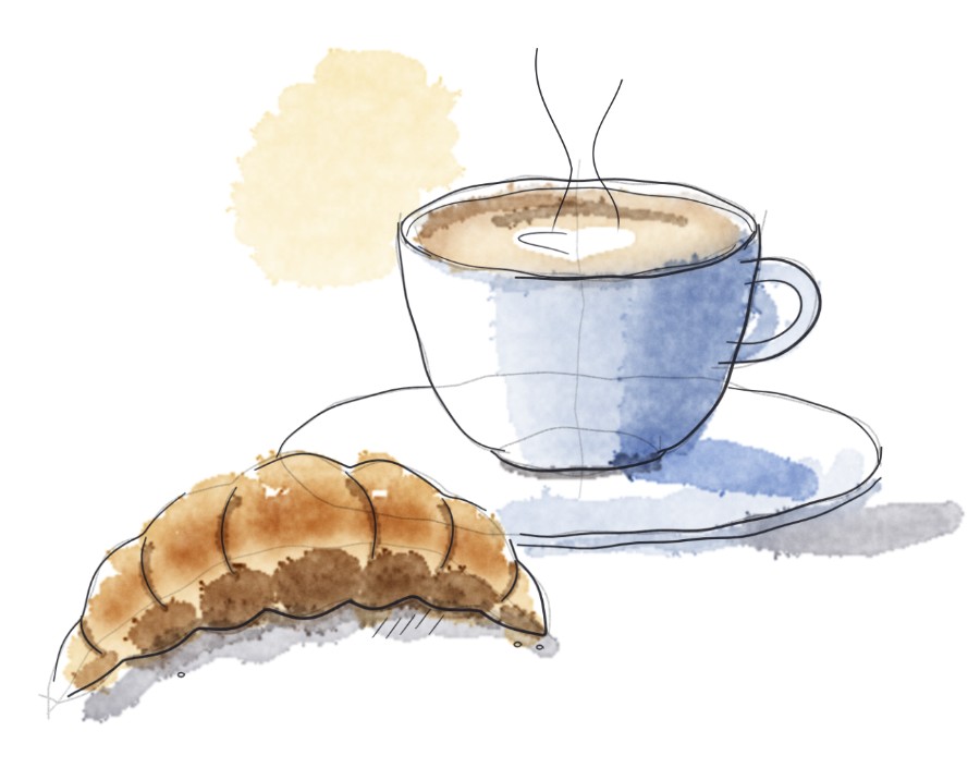 Ink details: croissant folds, the lip of the cup, half the heart, crumbs, and two curls of steam.